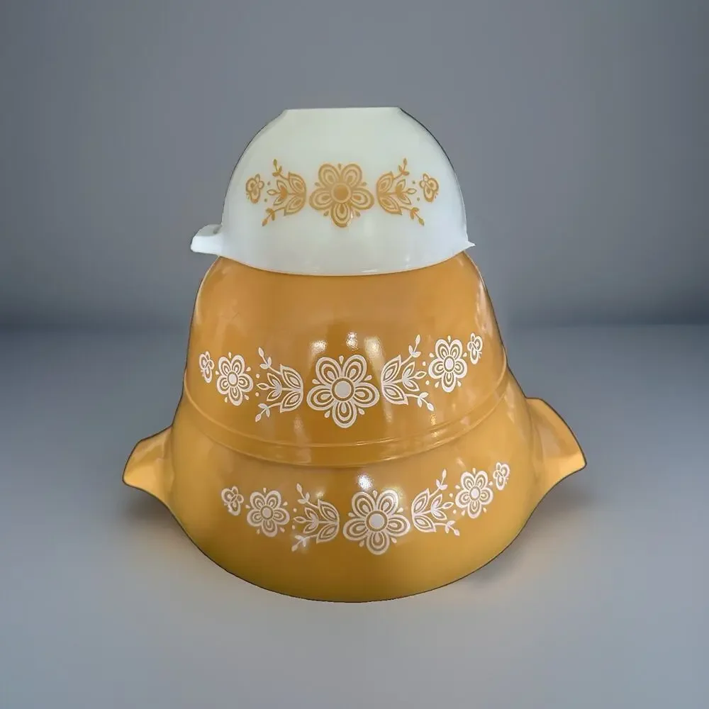 Vintage Pyrex Butterfly Gold 3 Mixing Bowl Set #441, 444 Cinderella 4032 1/2 QT